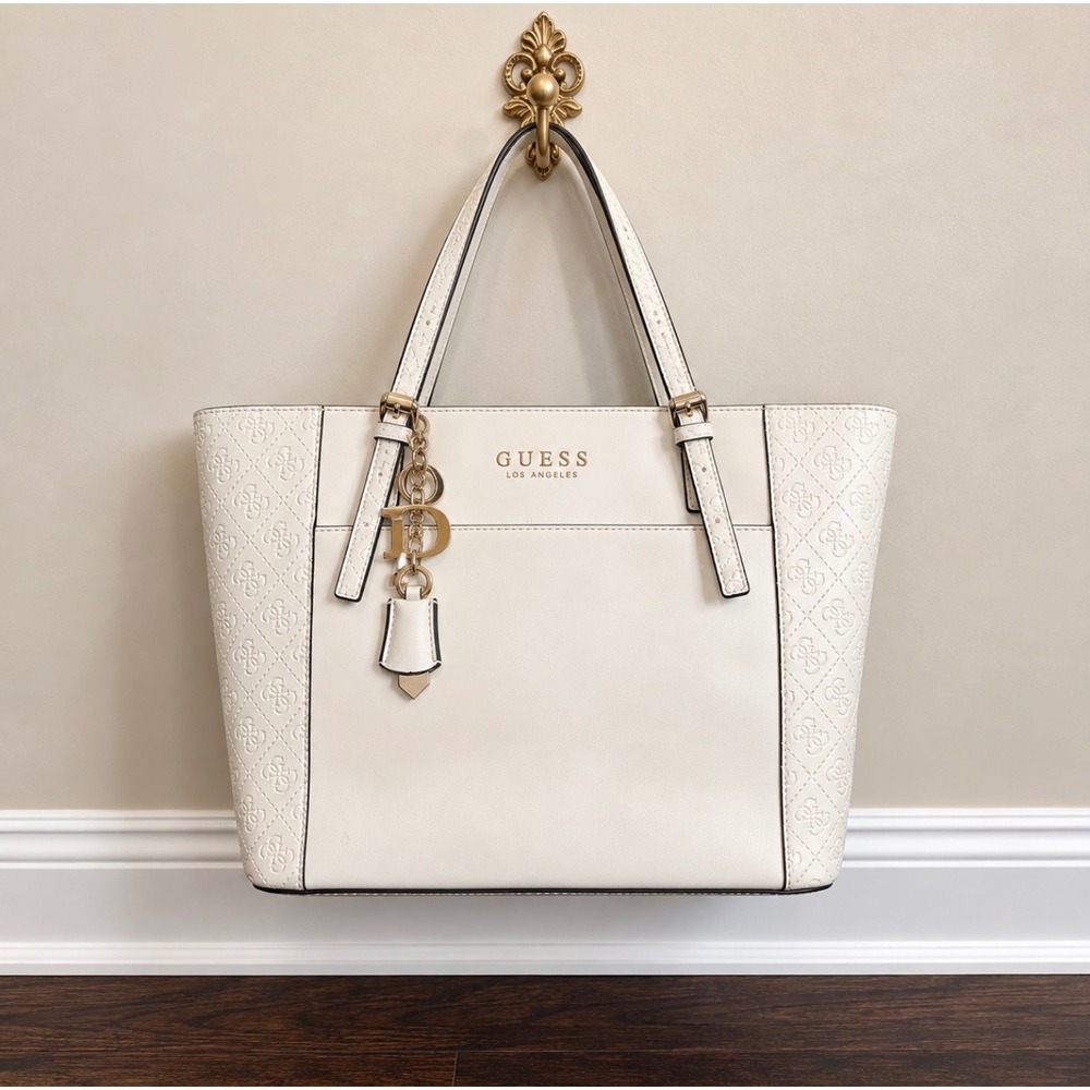 Guess Los Angeles White Embossed Logo Tote Bag Gold Hardware Shoulder Bag